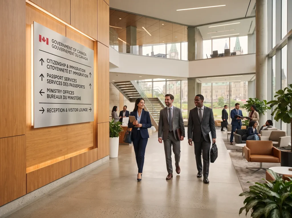 Corporate visitors arriving at reception using an intuitive office navigation system