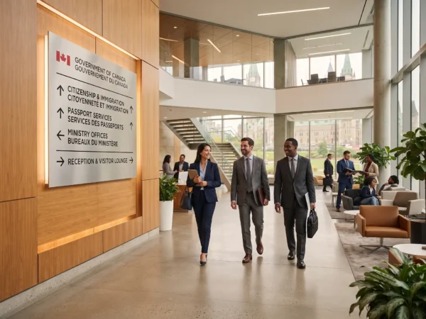 Corporate visitors arriving at reception using an intuitive office navigation system