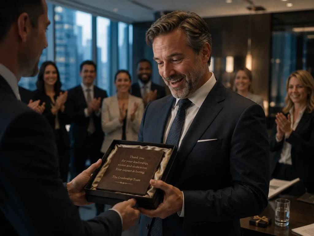 Business executive receiving a personalized engraved corporate gift during an employee celebration