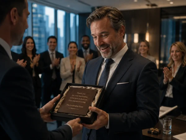 Business executive receiving a personalized engraved corporate gift during an employee celebration