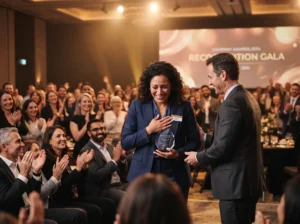 Employee receiving a custom recognition award while colleagues applaud at a corporate ceremony