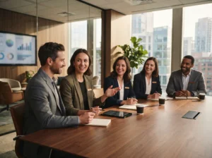 Professional employees collaborating while wearing personalized engraved company name badges