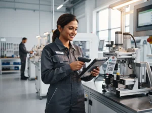 Maintenance engineer scanning an industrial equipment identification tag before servicing machinery