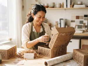 Interior designer presenting a precision laser-cut architectural model to clients