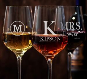Laser engraved wine glasses with personalized monogram and custom family name
