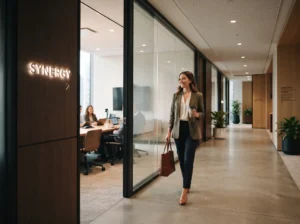 Visitor using clear office wayfinding signs to locate a conference room