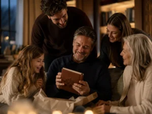 Father receiving a personalized laser-engraved leather notebook as a meaningful birthday gift