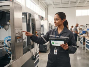 Warehouse manager reviewing organized inventory supported by a professional asset tagging system