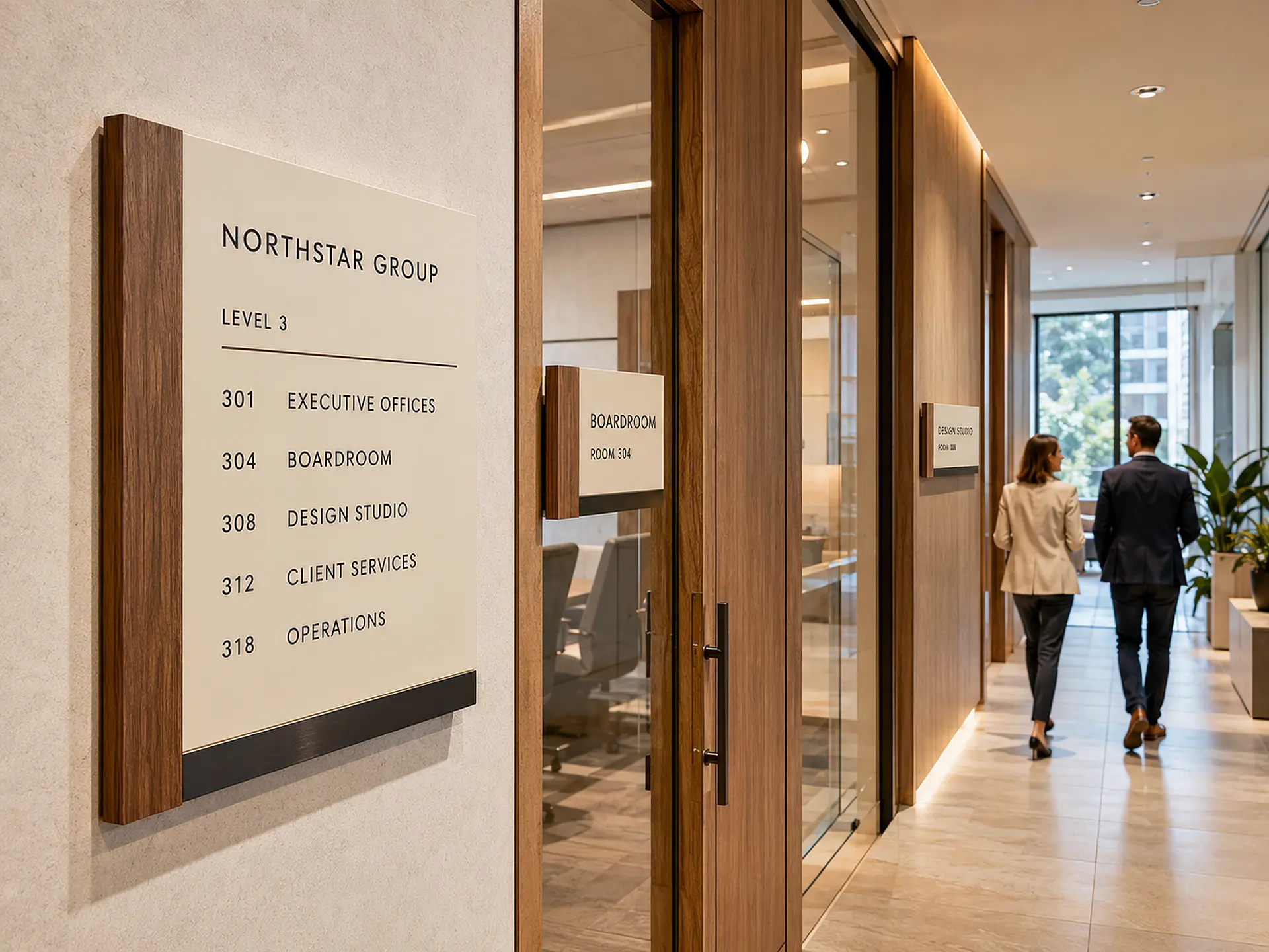 Architectural room signs and directory designed to match a premium Ottawa commercial interior