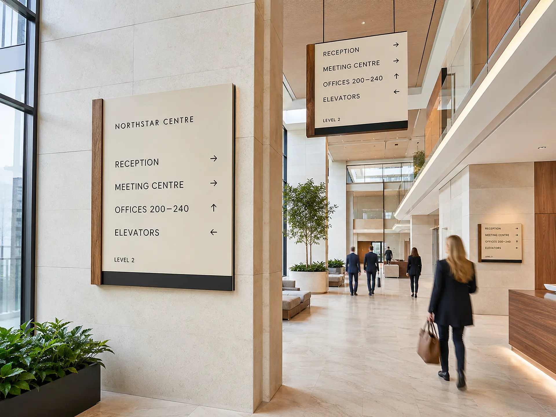 Custom architectural wayfinding signage integrated into a modern commercial building in Ottawa