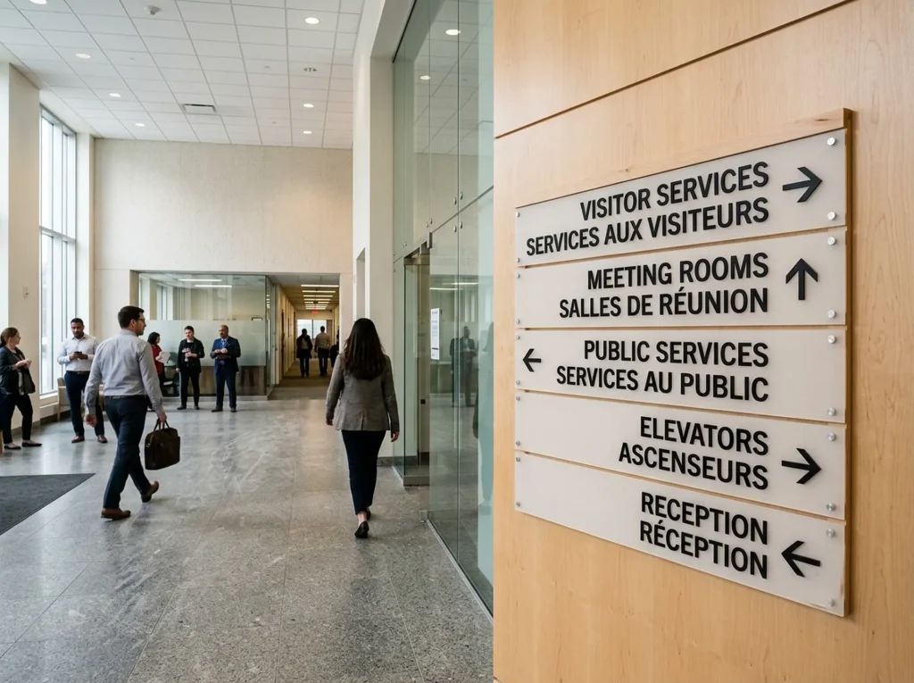 Completed bilingual English and French wayfinding signage installation in an Ottawa government building