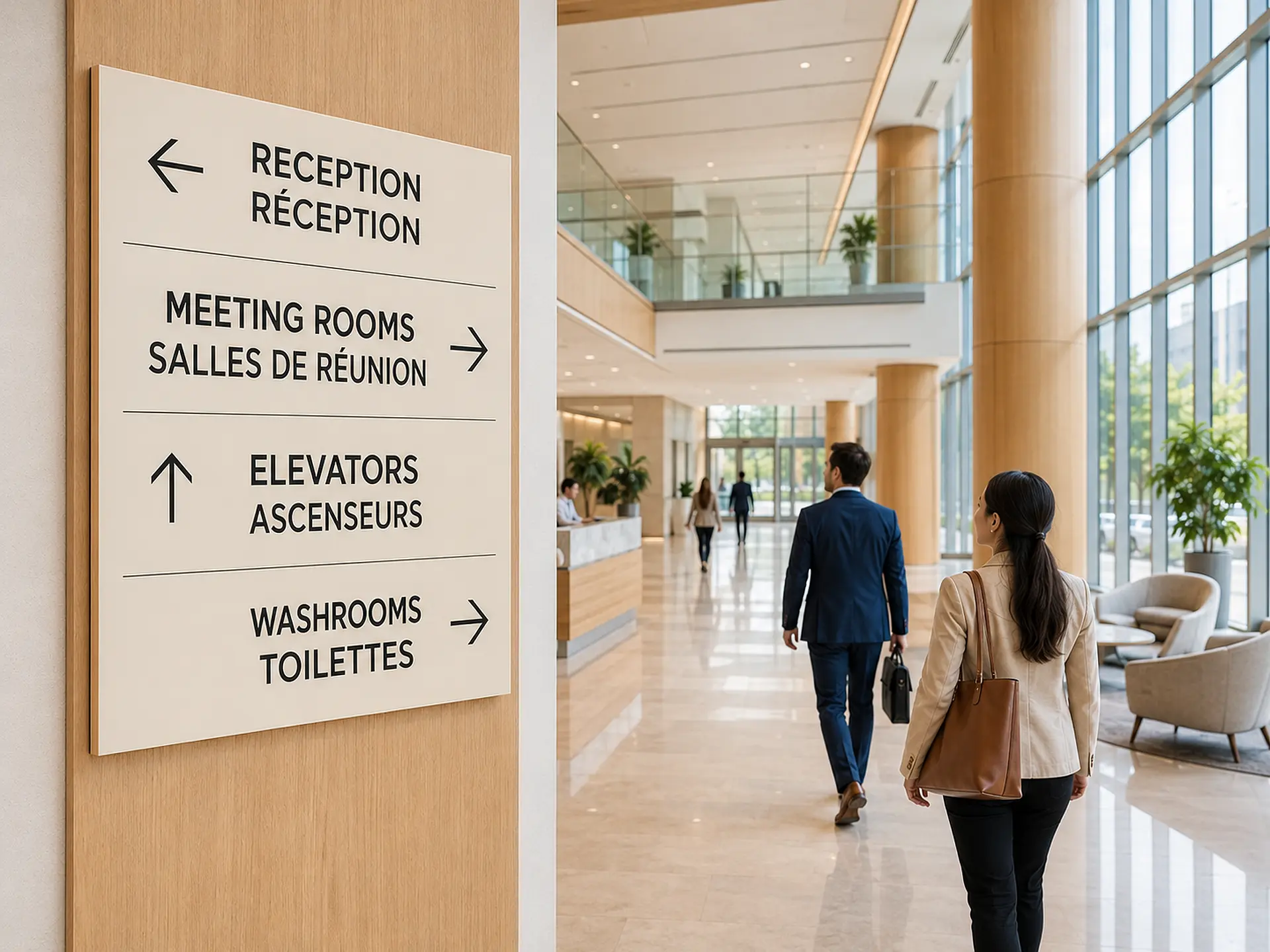 Bilingual English and French directional wayfinding signage in an Ottawa building