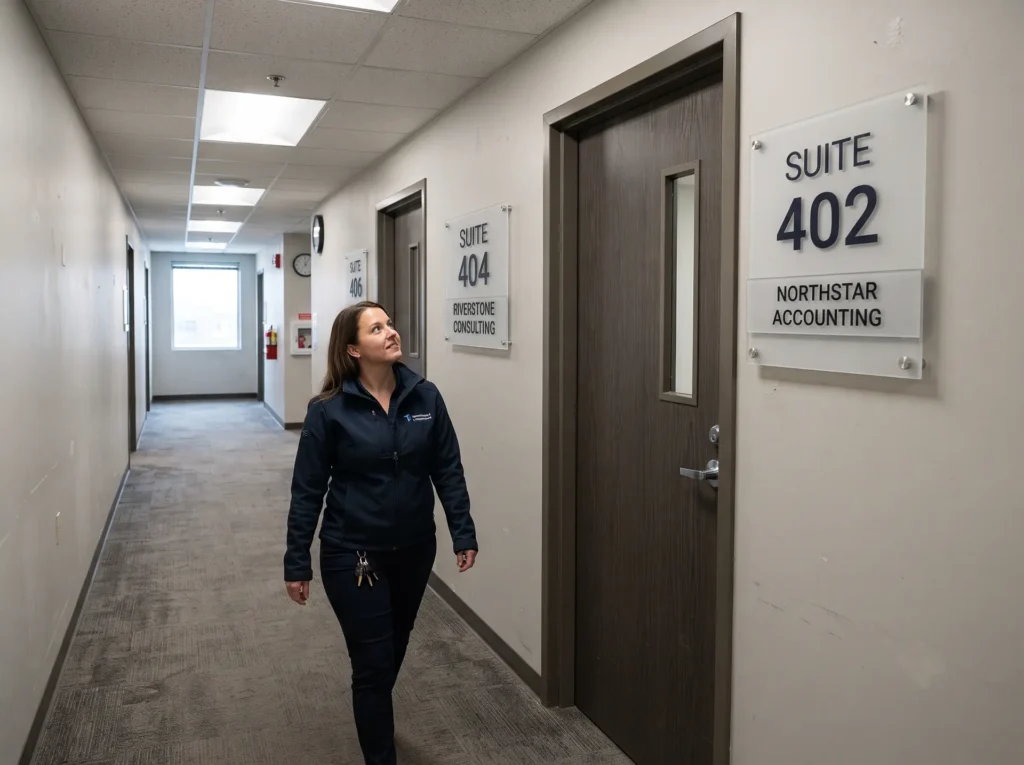Custom suite number and tenant identification signs installed in an Ottawa commercial office building
