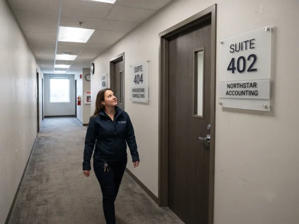 Custom suite number and tenant identification signs installed in an Ottawa commercial office building