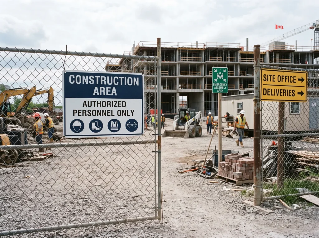 Durable custom HDPE safety and identification signs installed at an Ottawa construction site