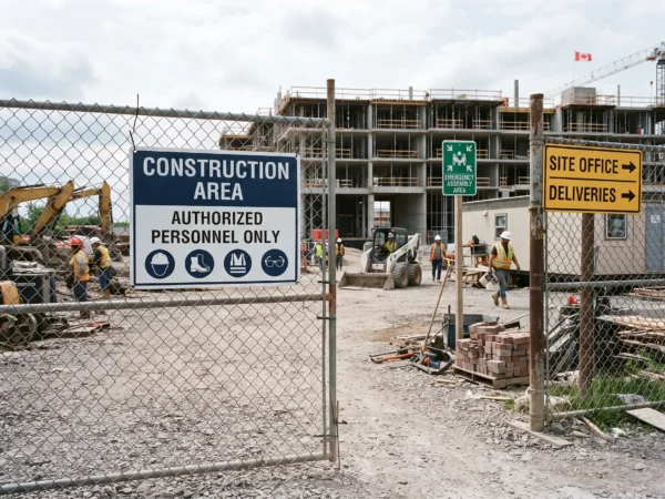 Durable custom HDPE safety and identification signs installed at an Ottawa construction site
