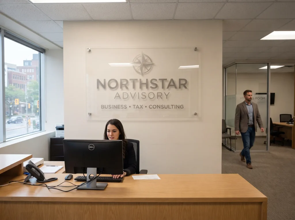 Clear acrylic reception sign with frosted logo engraving installed in an Ottawa professional office