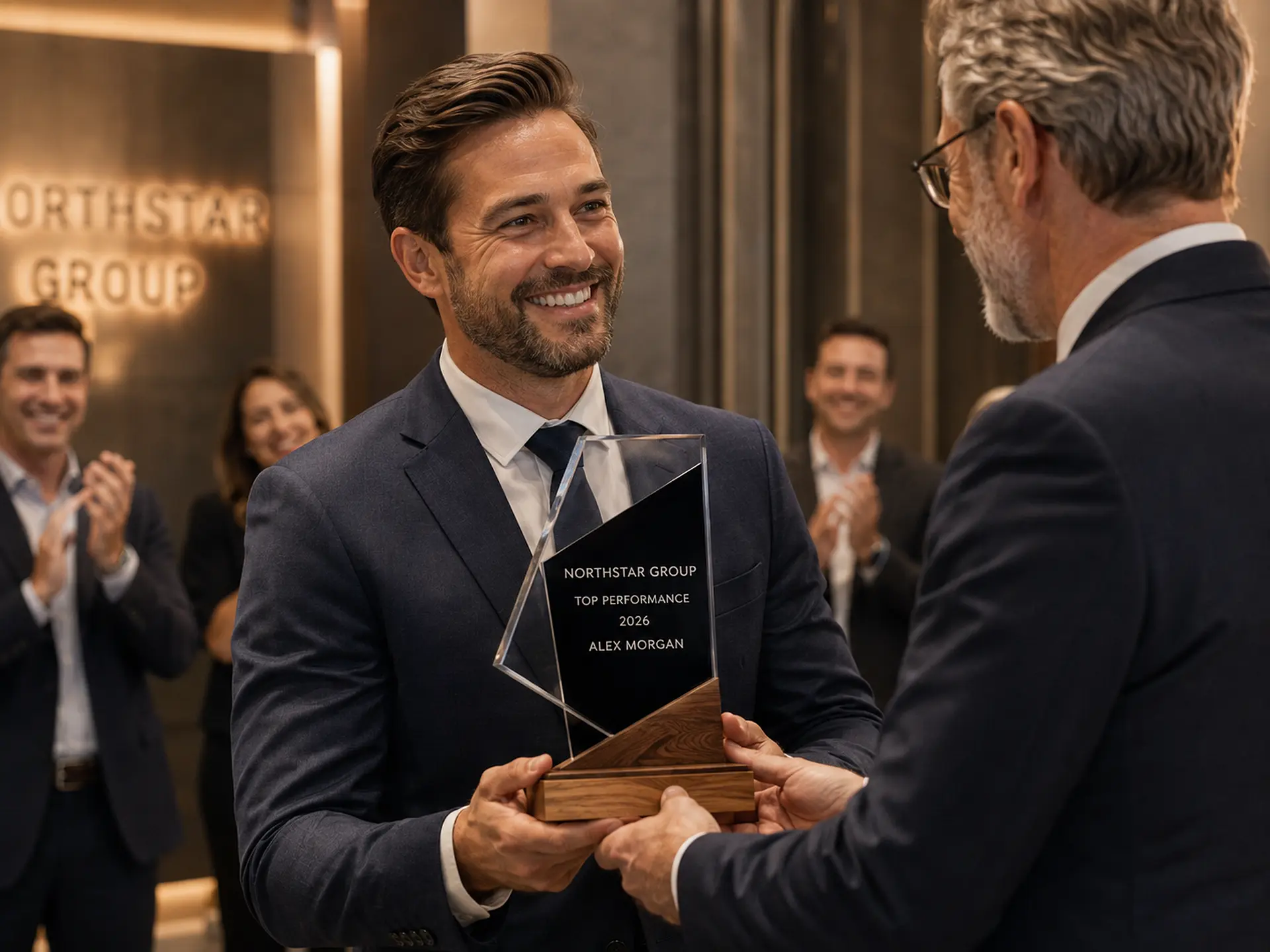 Professional receiving a custom corporate performance trophy at an Ottawa recognition event