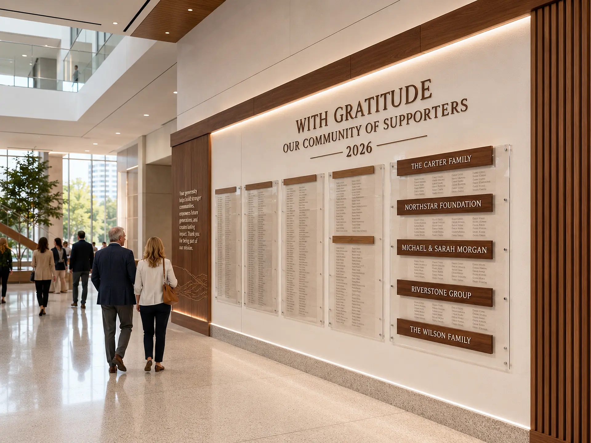 Custom donor recognition wall integrated into a professional institutional lobby in Ottawa