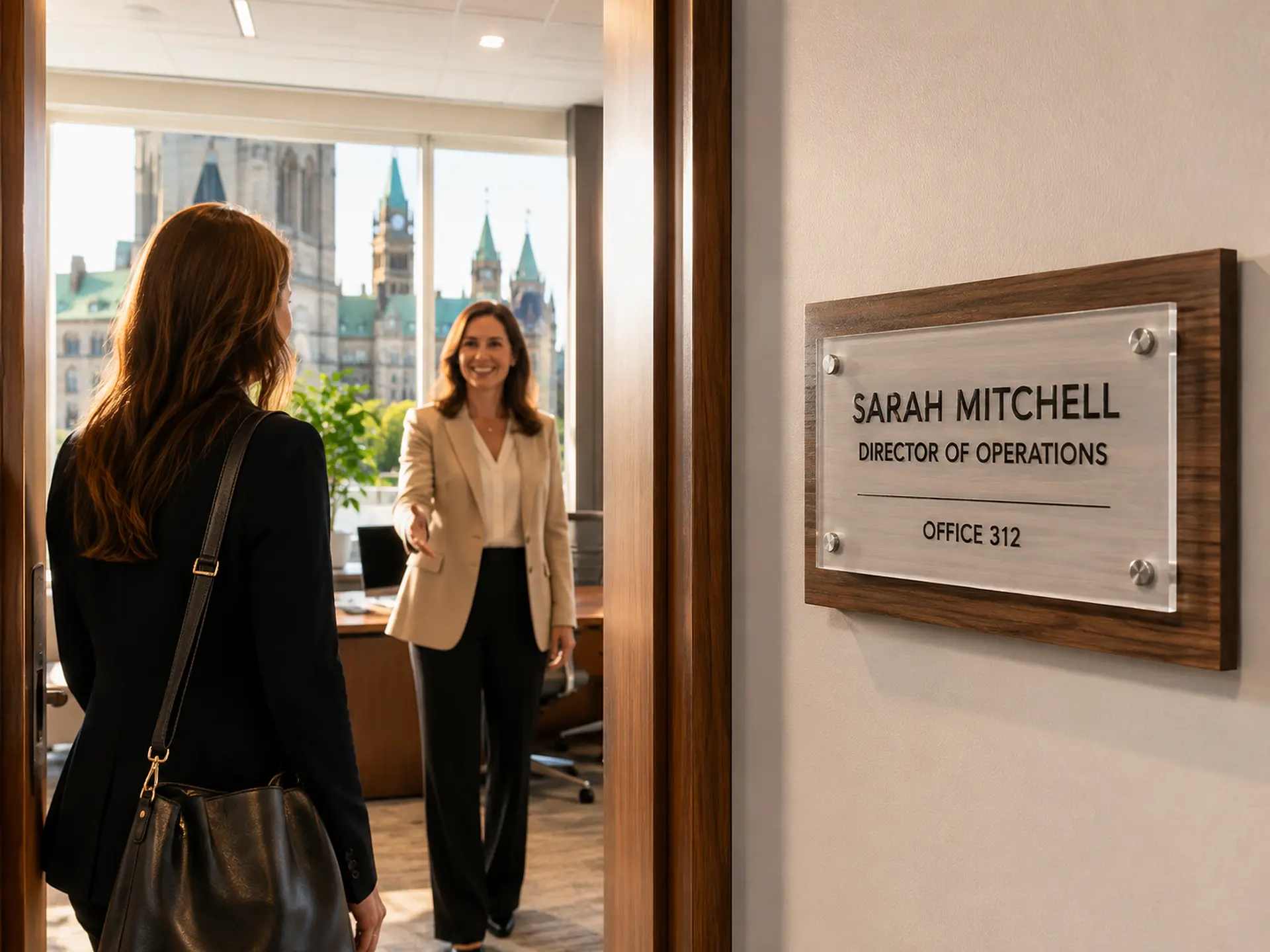 Custom engraved office name plate identifying a professional office in Ottawa