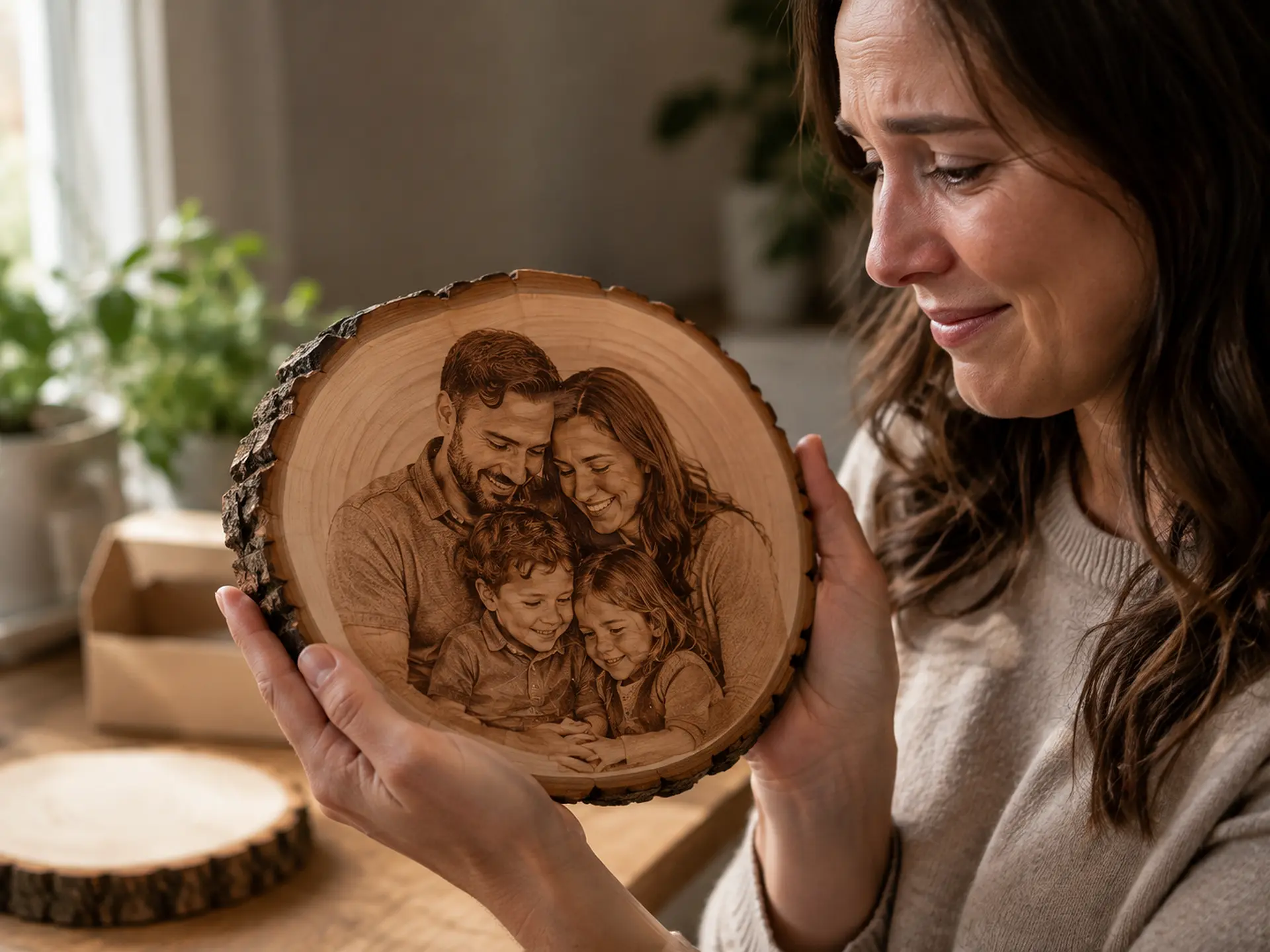 Photo laser engraving on a customer-supplied wooden keepsake in Ottawa