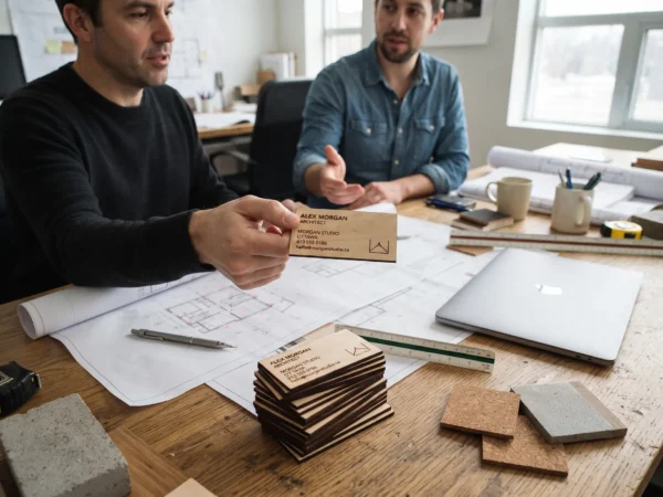 Laser-cut and engraved wooden business cards created for an Ottawa professional