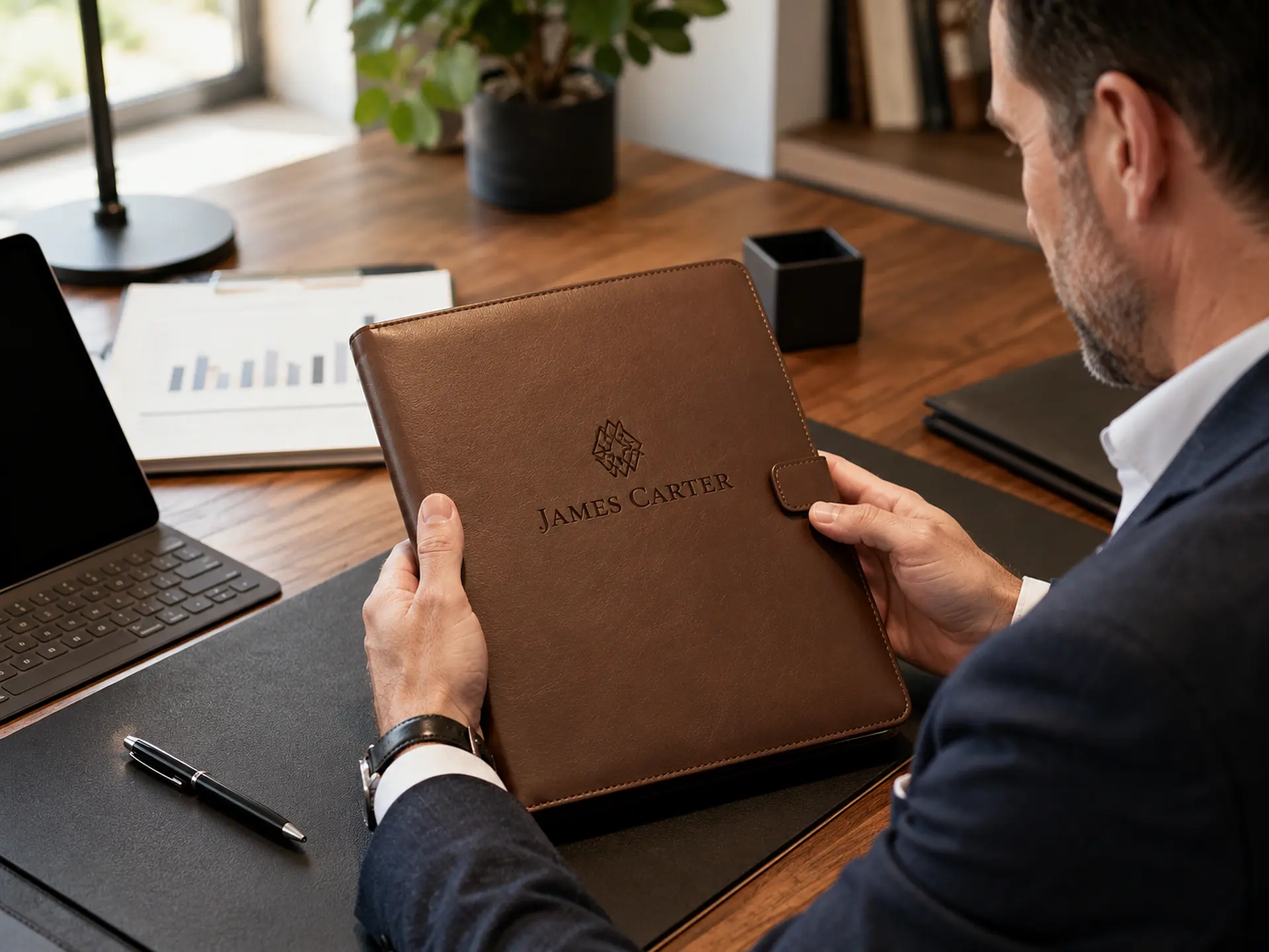 Professional laser engraving on a customer-supplied leather portfolio in Ottawa