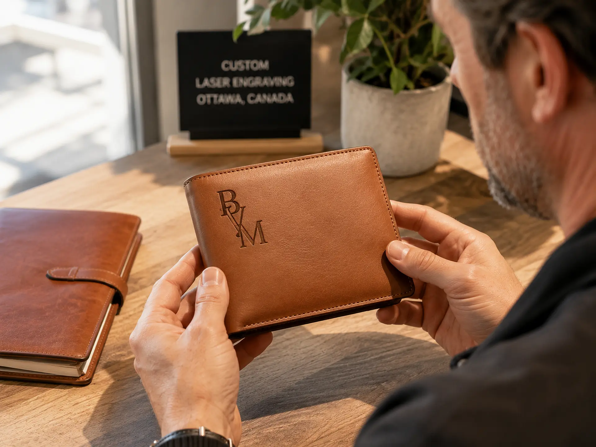 Custom monogram engraving on a customer-supplied leather wallet in Ottawa