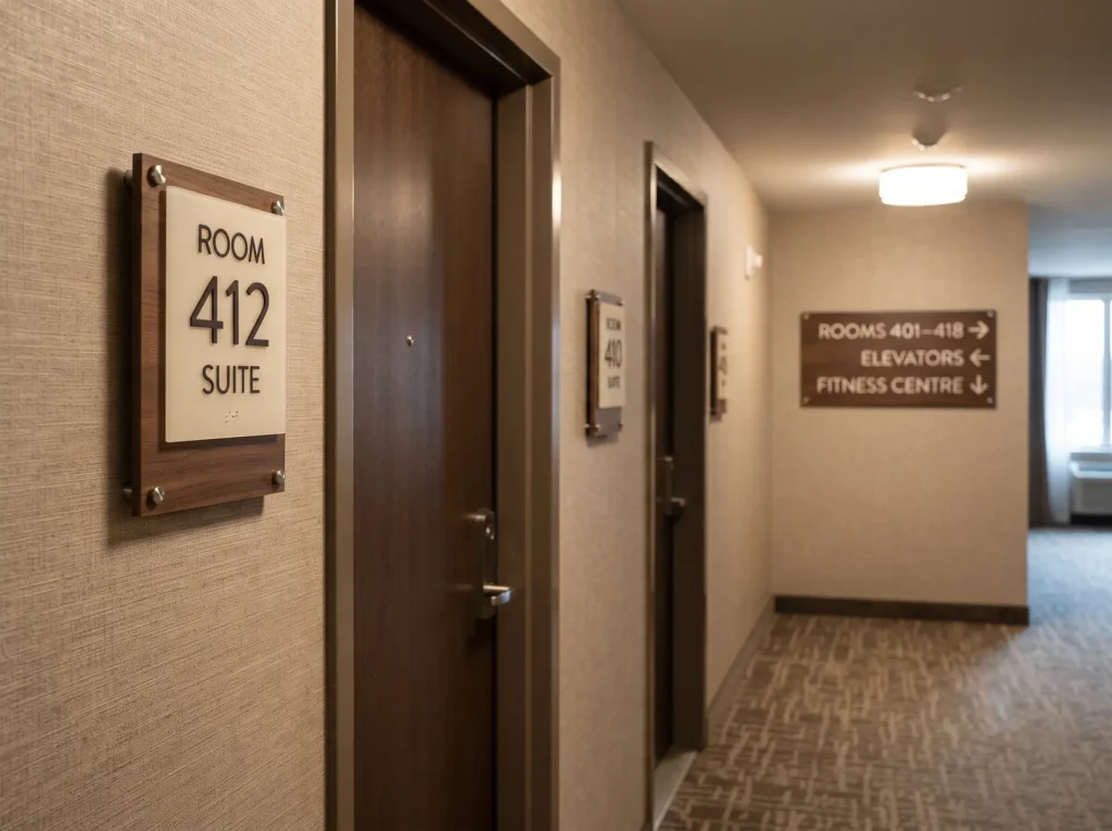 Custom hotel room identification and directional signage installed in an Ottawa hotel corridor