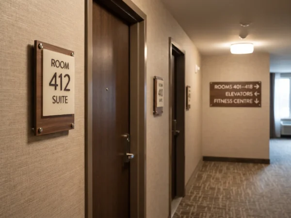 Custom hotel room identification and directional signage installed in an Ottawa hotel corridor