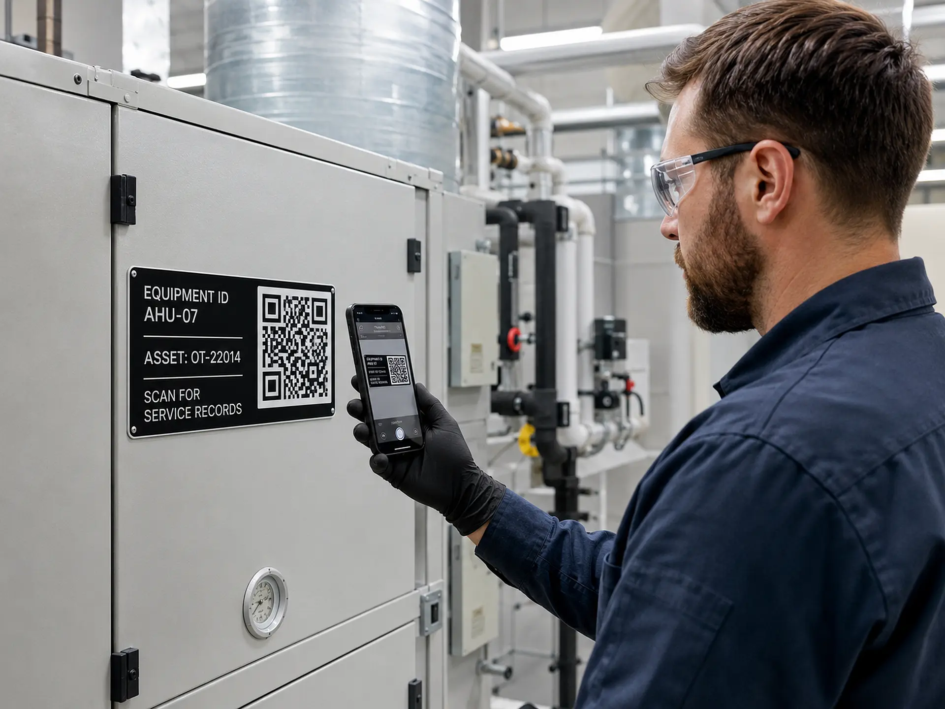 Technician scanning a permanent QR code equipment identification plate in Ottawa