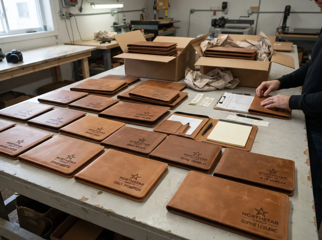 Bulk order of personalized leather corporate portfolios engraved with individual employee names in Ottawa