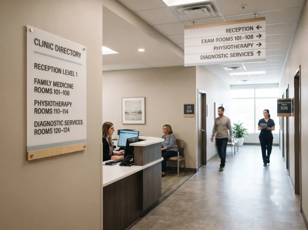 Complete medical clinic wayfinding, directory and room identification signage system in Ottawa
