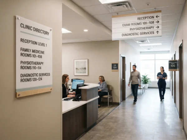 Complete medical clinic wayfinding, directory and room identification signage system in Ottawa