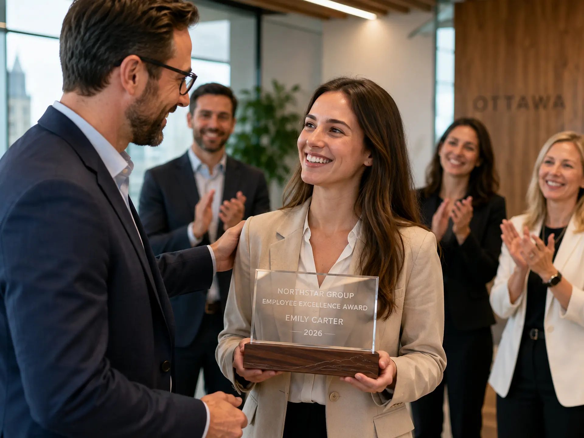 Employee receiving a personalized recognition award during a corporate presentation in Ottawa