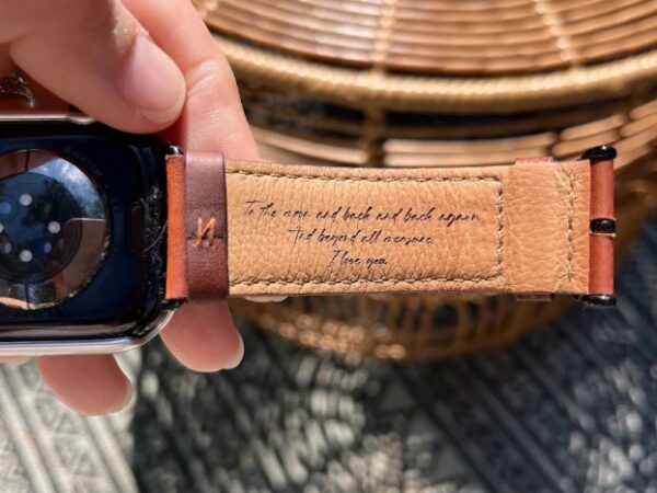 Personalized laser engraving on leather watch strap in Ottawa