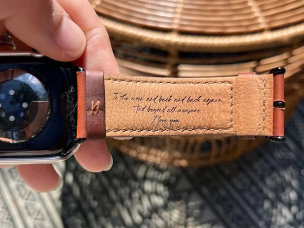 Personalized laser engraving on leather watch strap in Ottawa