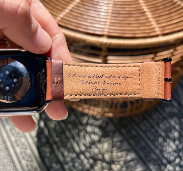 Personalized laser engraving on leather watch strap in Ottawa