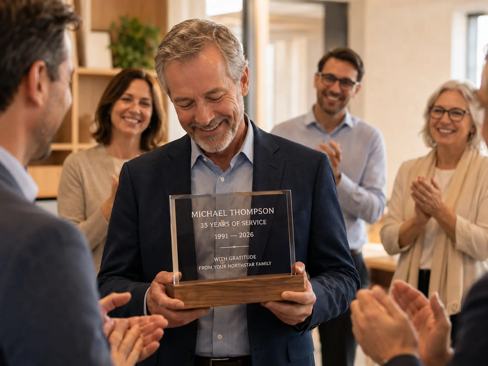 Long-serving employee receiving a personalized retirement gift from colleagues in Ottawa