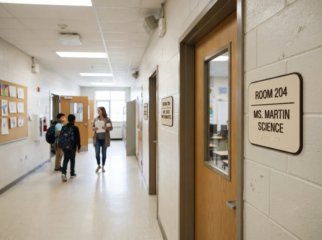 Consistent classroom door identification signs installed in an Ottawa school