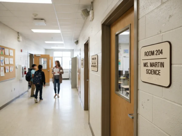 Consistent classroom door identification signs installed in an Ottawa school