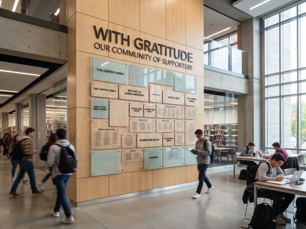 Multi-panel donor recognition wall installed in a university building in Ottawa