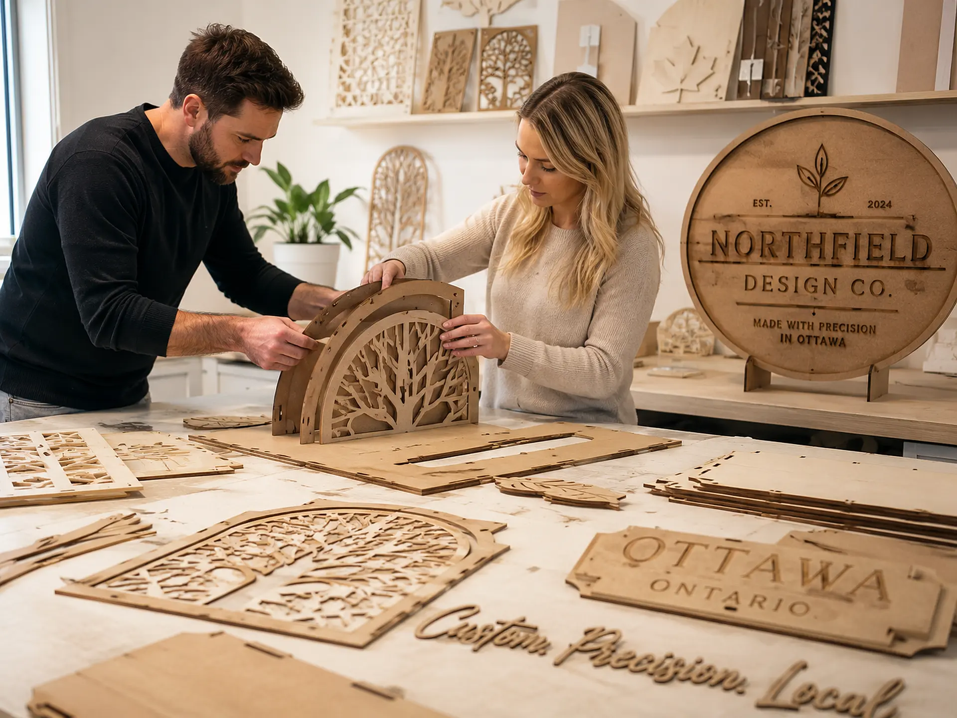 Precision laser-cut wood and MDF components for custom projects and signage in Ottawa