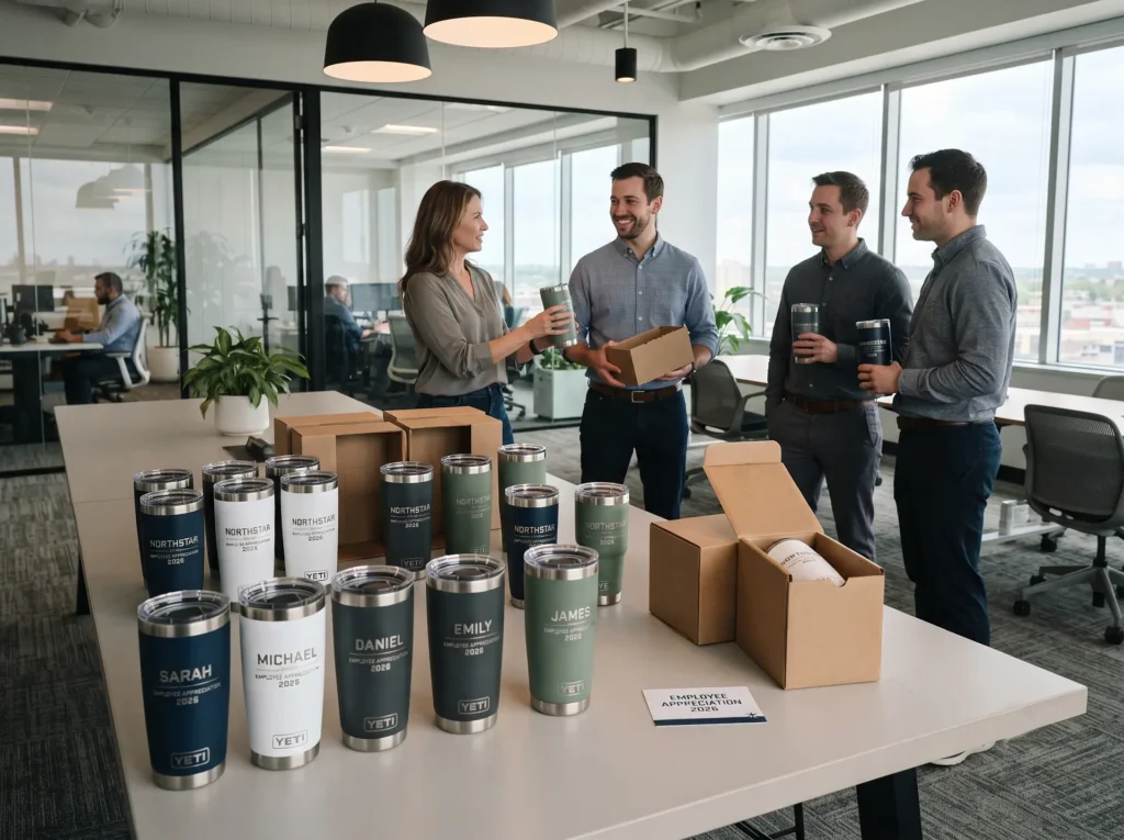 Bulk order of personalized engraved tumblers prepared as corporate employee gifts in Ottawa