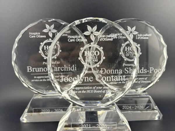 Corporate recognition award engraving for Hospice Care Ottawa with personalized names and service dates