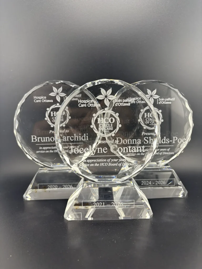 Corporate recognition award engraving for Hospice Care Ottawa with personalized names and service dates