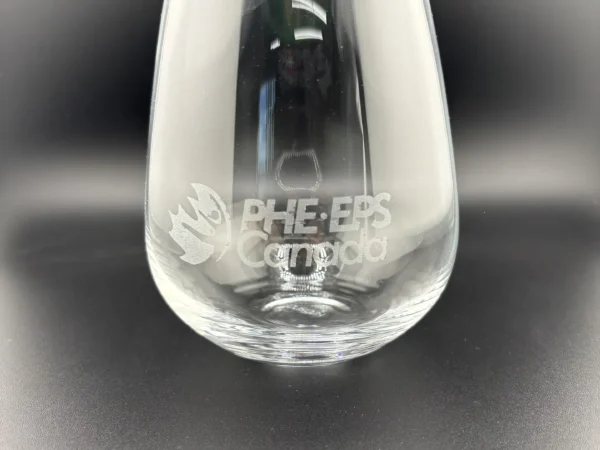 Corporate wine glass engraving with PHE Canada logo in Ottawa