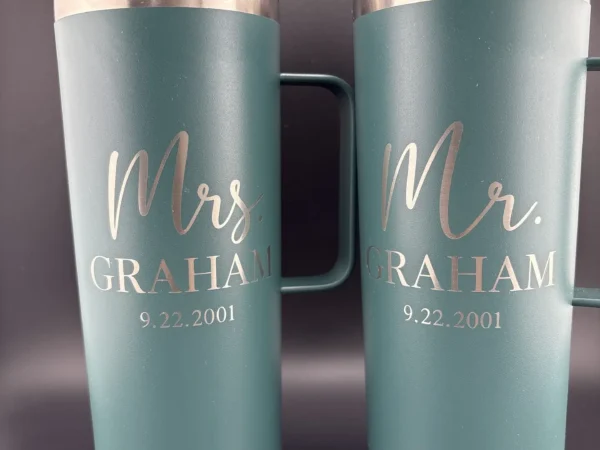 Couples tumbler engraving with matching Mr and Mrs Graham designs and personalized date in Ottawa