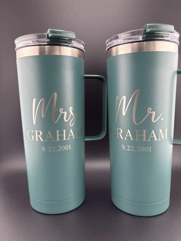 Couples tumbler engraving with matching Mr and Mrs Graham designs and personalized date in Ottawa