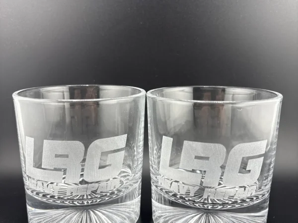 Custom whiskey glass engraving with matching LRG logo artwork in Ottawa